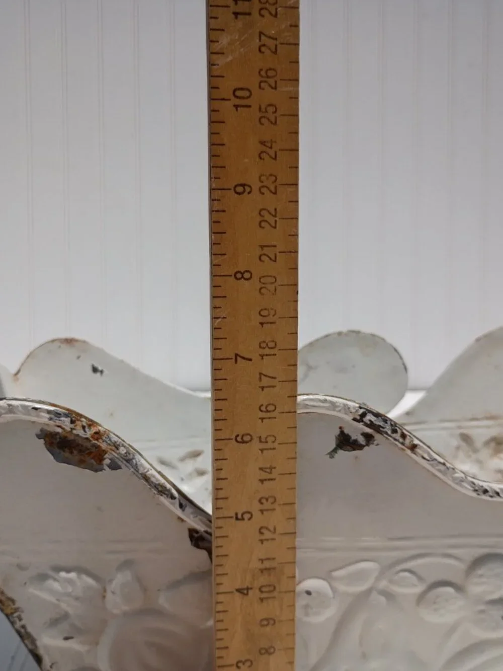 Vintage Metal Planter White Distressed Farmhouse Fruit Embossed Footed Cottage